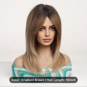 18-inch Women's Elegant Gradient Brown Bangs Layered Wig, Synthetic Fiber Wig .